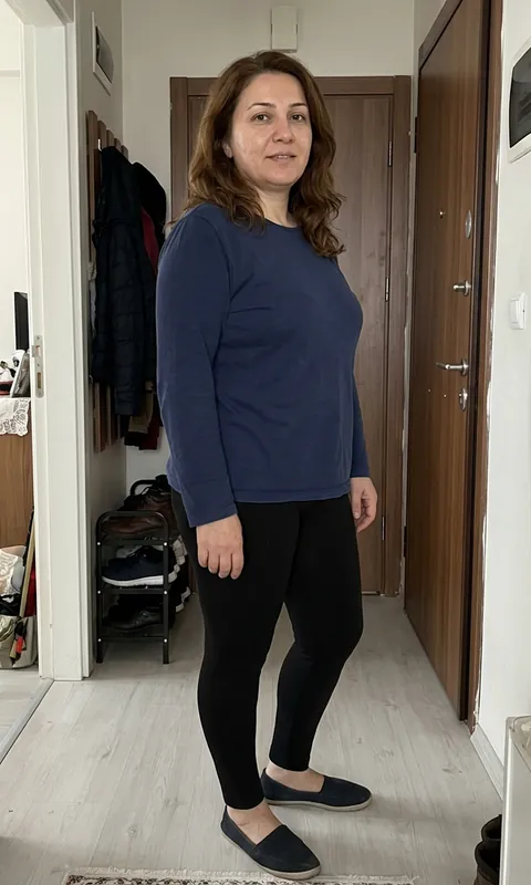 Temsilî model, deneme öncesi fotoğraf: lacivert tişört ve siyah tayt