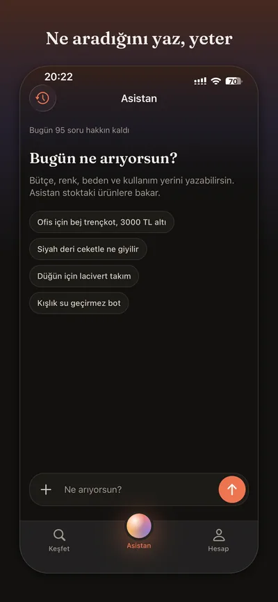 Asistan açılış ekranı: ne aradığını yazman yeterli