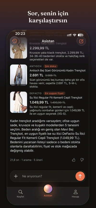 Asistan ekranı: trençkot sorusuna mağazalardan karşılaştırmalı öneriler