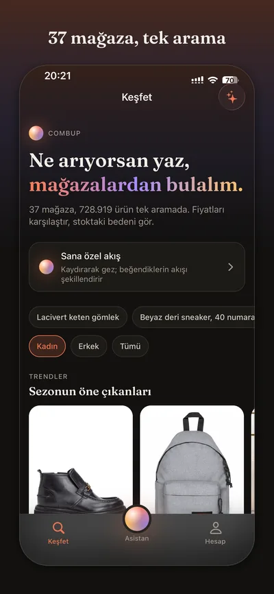Keşfet ekranı: 37 mağaza, tek arama